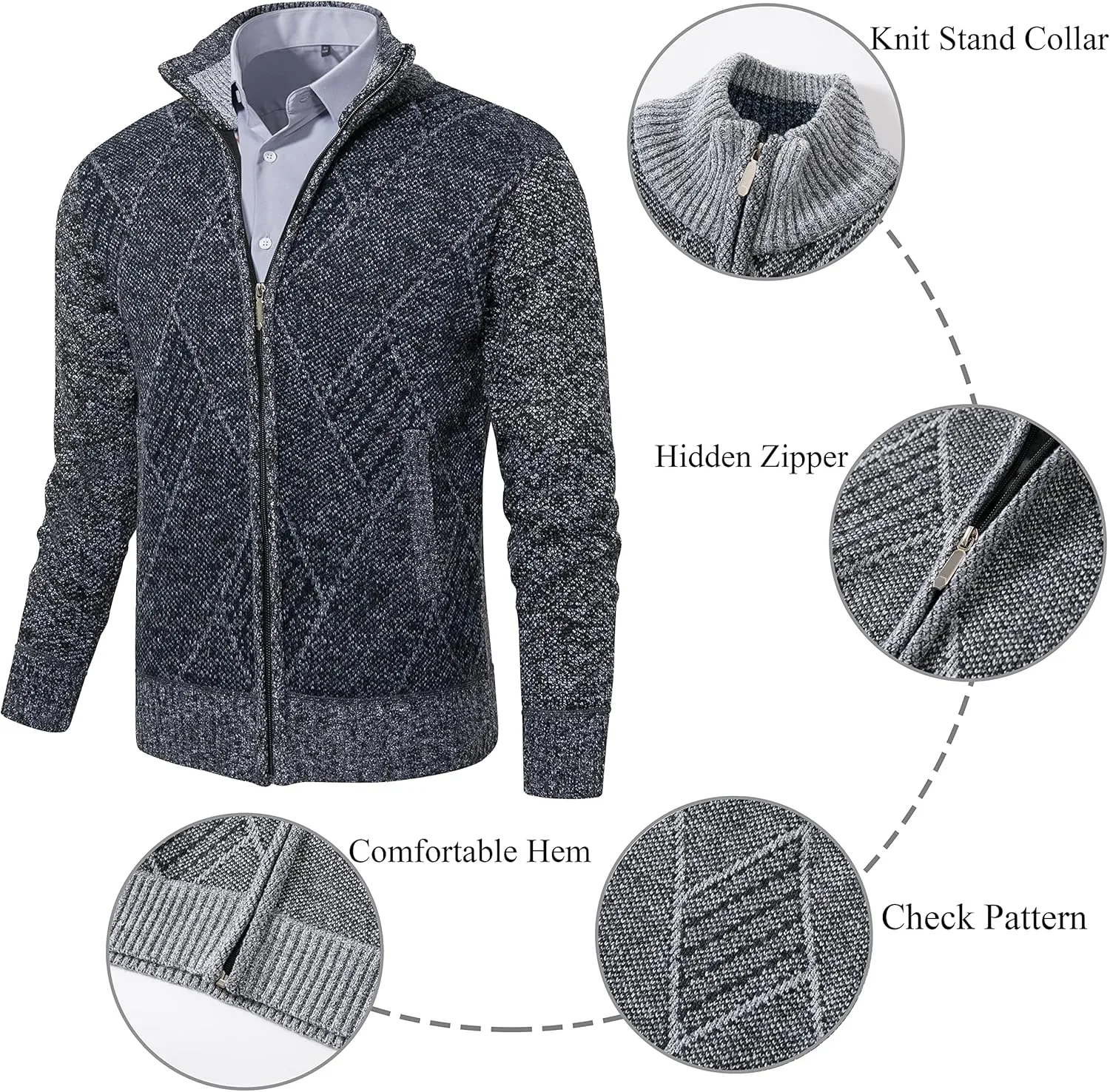 VtuAOL Men's Cardigan Sweaters Casual Full Zip Sweaters Knitted Cardigan with Pockets
