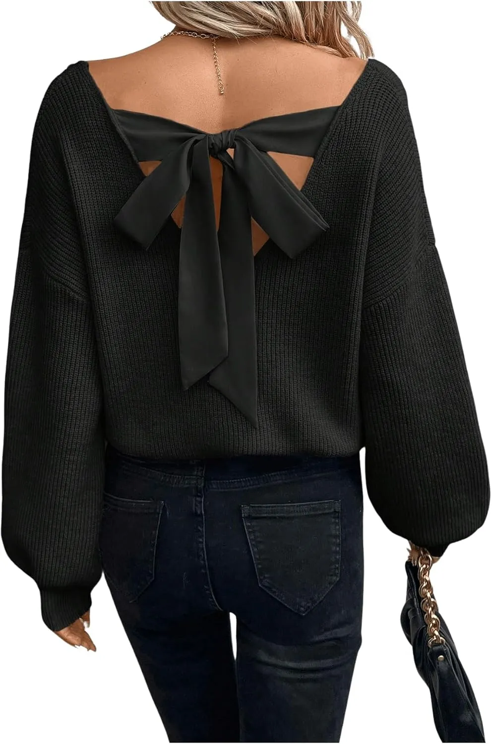 WDIRARA Women's Bow Sweaters Long Sleeve Backless V Neck Oversized Knit Pullover Sweater