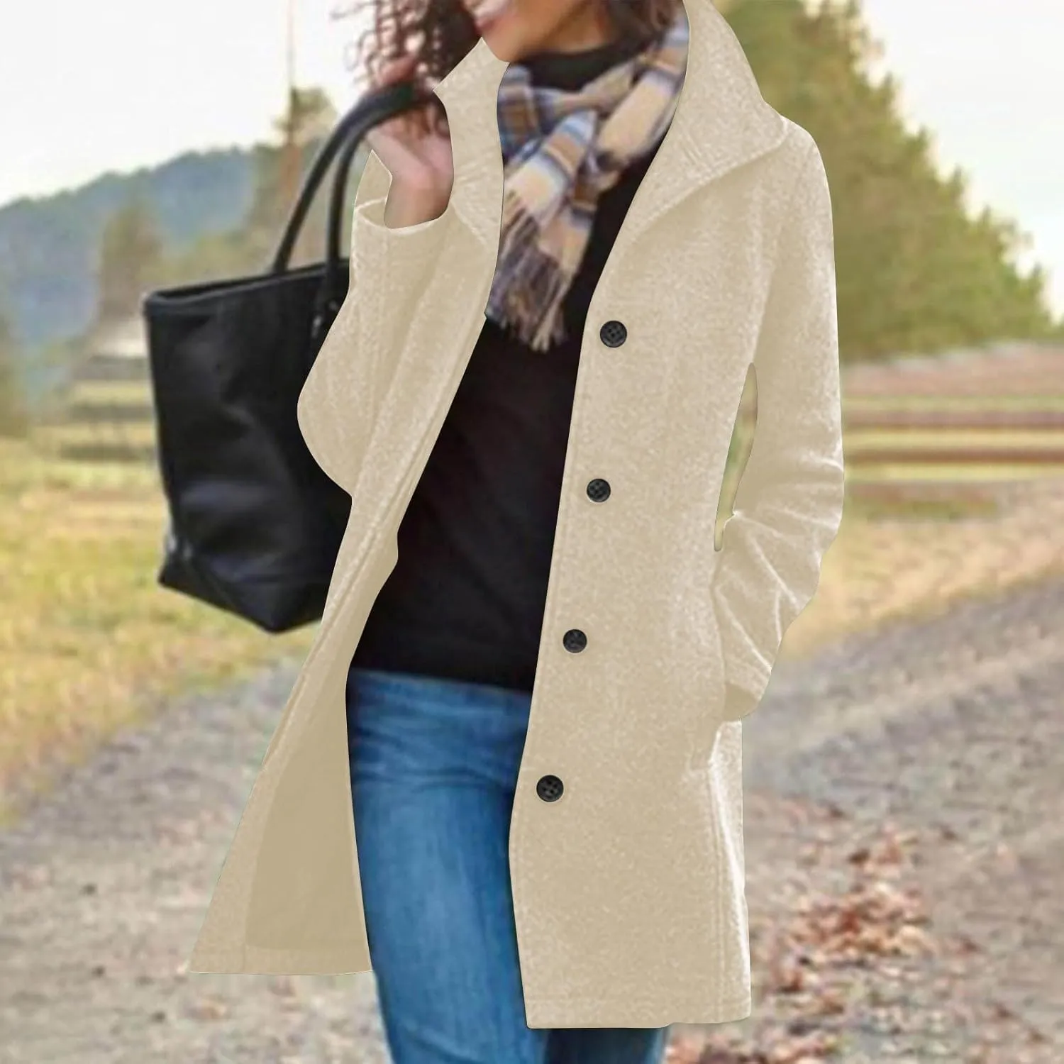 Winter Coats for Women Casual Thicken Wool Blend Stand Collar Single Breasted Pea Coat Long Wool Trench Coat Jackets