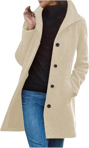 Winter Coats for Women Casual Thicken Wool Blend Stand Collar Single Breasted Pea Coat Long Wool Trench Coat Jackets
