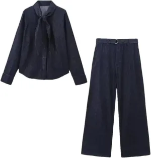 Women Denim Pants Sets Denim Bow Shirt Casual Two Piece Set