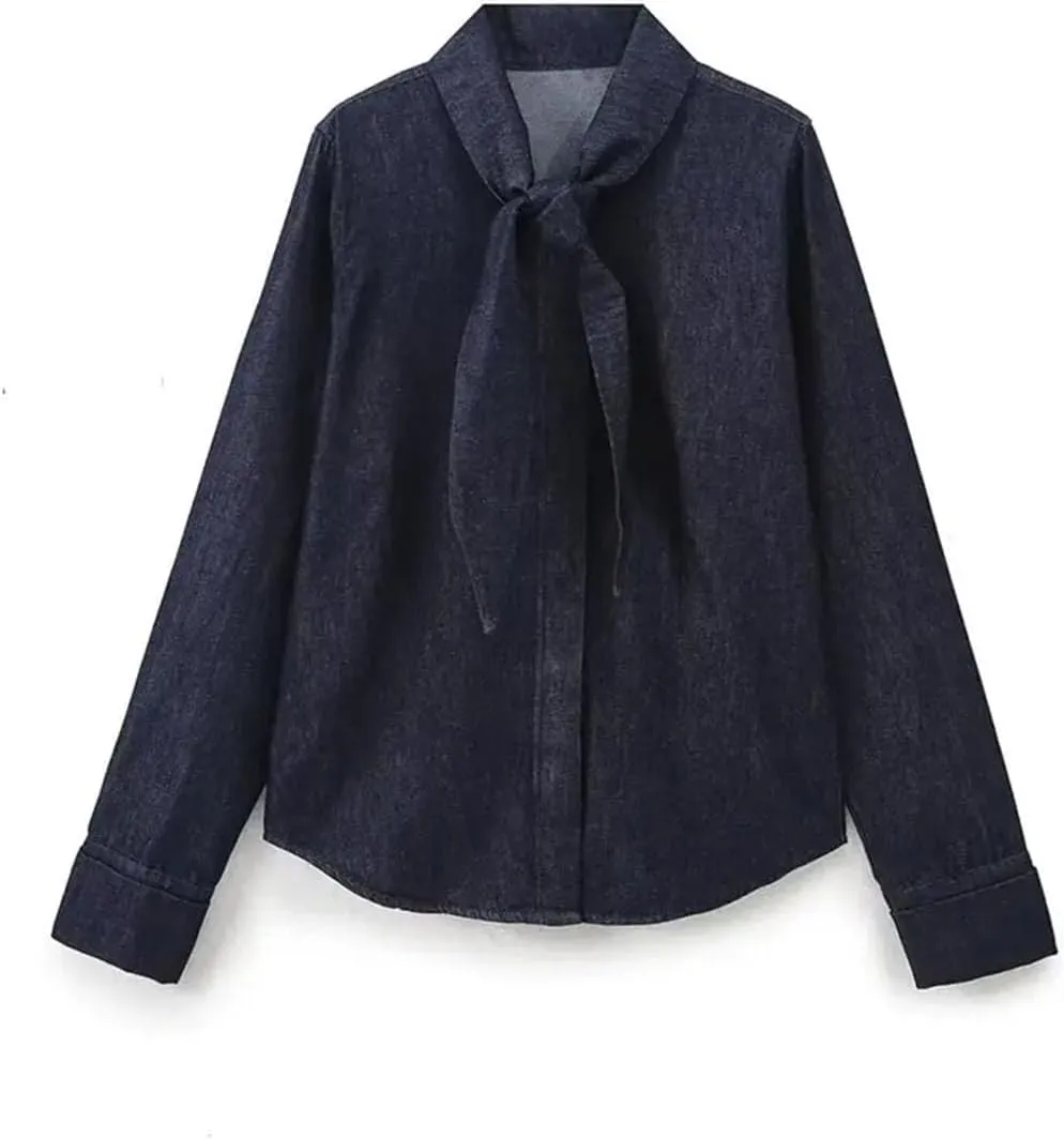 Women Denim Pants Sets Denim Bow Shirt Casual Two Piece Set