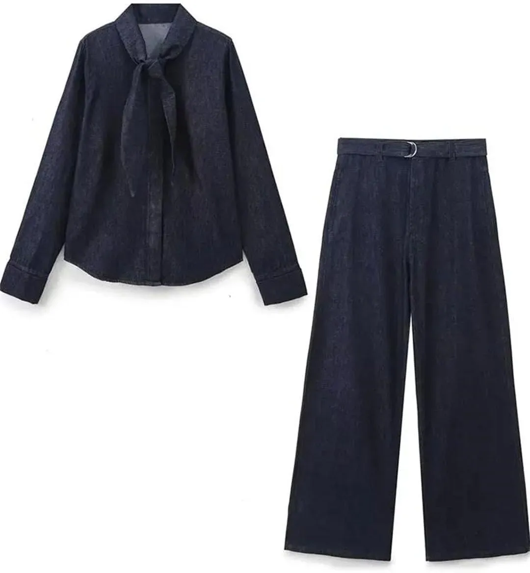 Women Denim Pants Sets Denim Bow Shirt Casual Two Piece Set