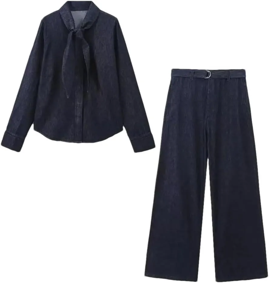 Women Denim Pants Sets Denim Bow Shirt Casual Two Piece Set
