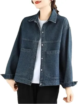 Women Denim Retro Long Sleeve Jeans Jacket Loose Denim Coat Outwear