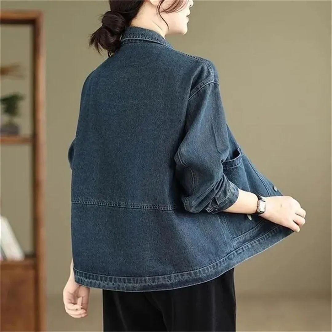 Women Denim Retro Long Sleeve Jeans Jacket Loose Denim Coat Outwear