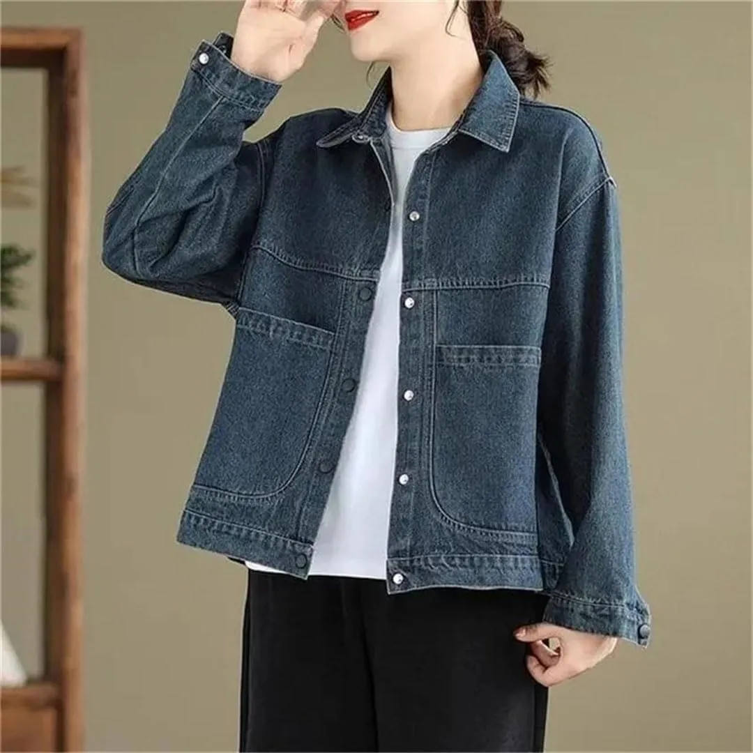 Women Denim Retro Long Sleeve Jeans Jacket Loose Denim Coat Outwear