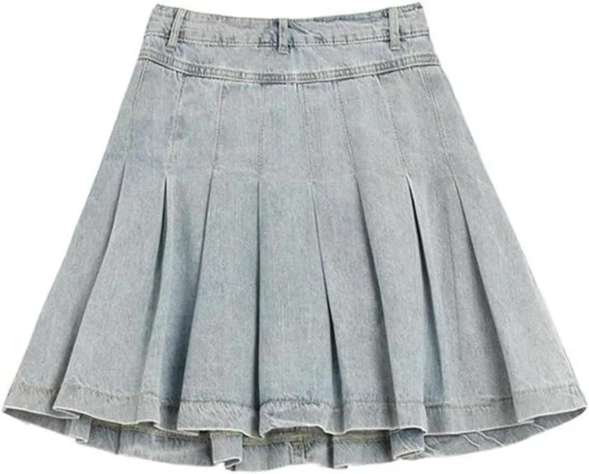 Women High Waist Denim Mini Skirt Vintage Denim Button Lotus Leaf Pleated Skirts
