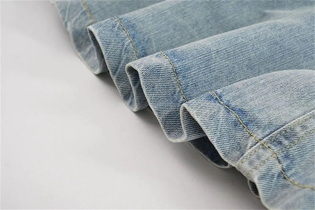 Women High Waist Denim Mini Skirt Vintage Denim Button Lotus Leaf Pleated Skirts
