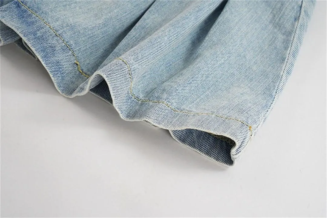 Women High Waist Denim Mini Skirt Vintage Denim Button Lotus Leaf Pleated Skirts