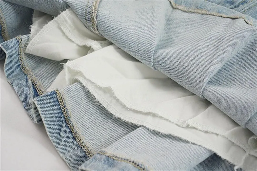Women High Waist Denim Mini Skirt Vintage Denim Button Lotus Leaf Pleated Skirts