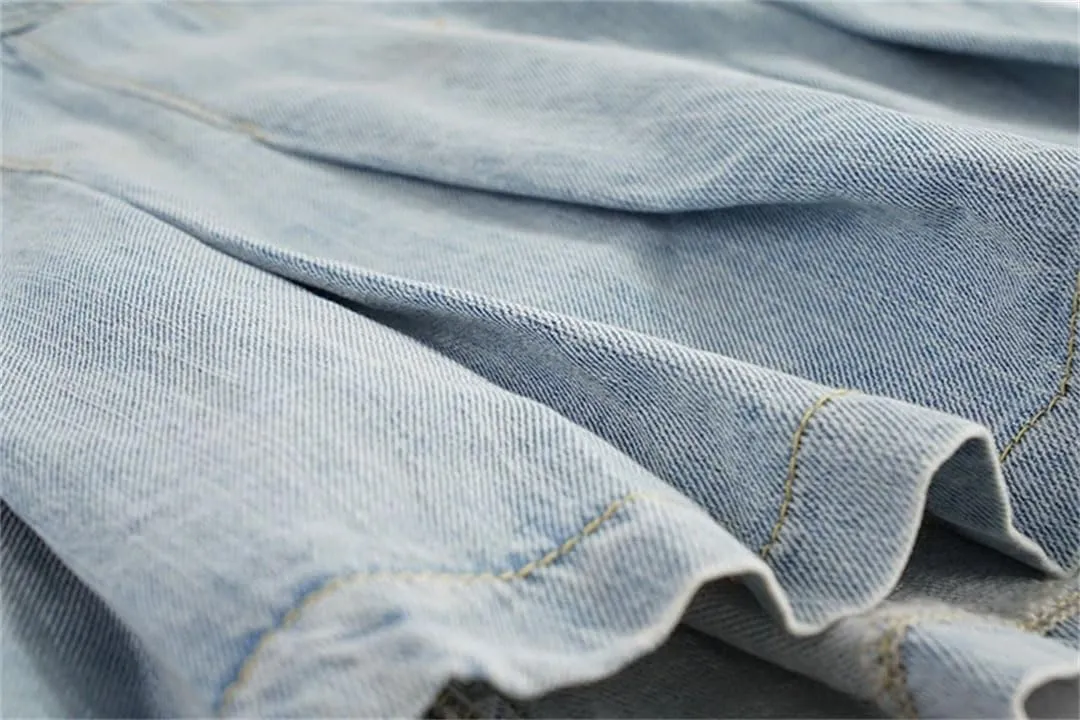 Women High Waist Denim Mini Skirt Vintage Denim Button Lotus Leaf Pleated Skirts