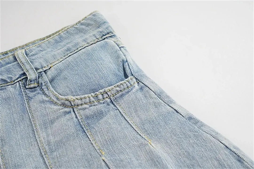 Women High Waist Denim Mini Skirt Vintage Denim Button Lotus Leaf Pleated Skirts