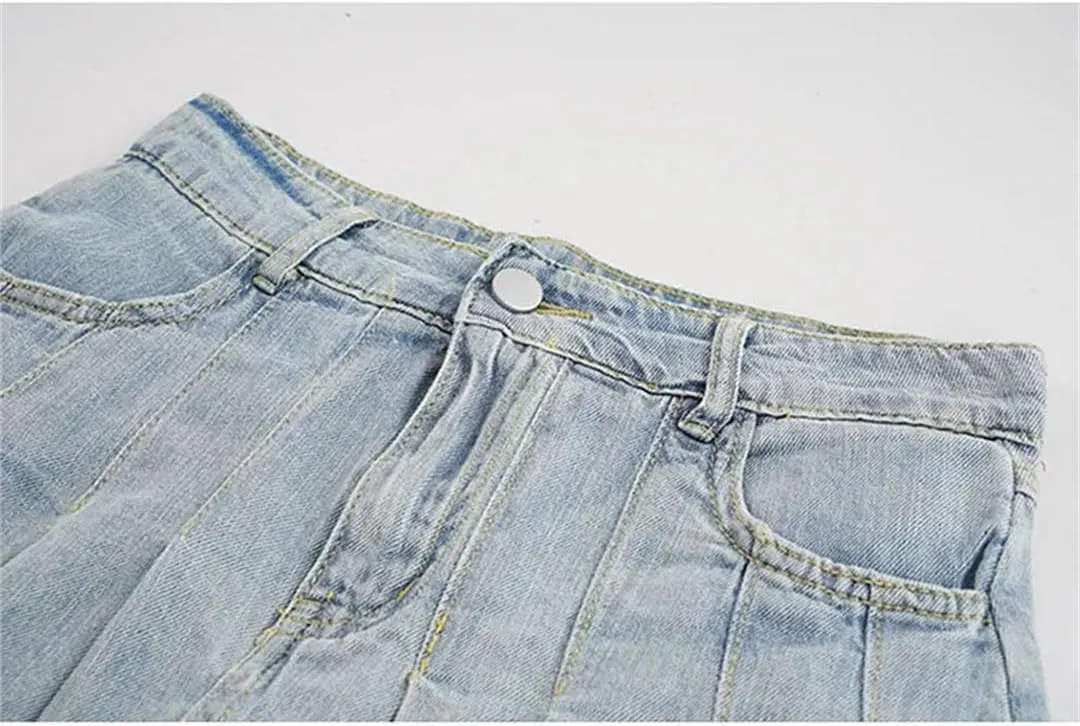 Women High Waist Denim Mini Skirt Vintage Denim Button Lotus Leaf Pleated Skirts