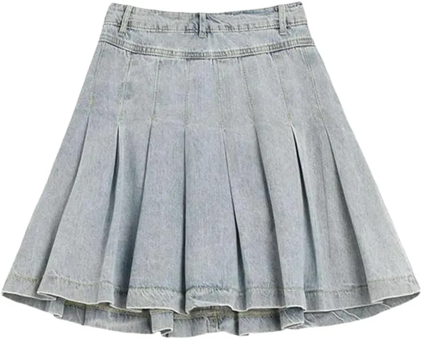 Women High Waist Denim Mini Skirt Vintage Denim Button Lotus Leaf Pleated Skirts