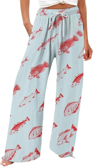 Women High Waisted Cotton Linen Boho Palazzo Pants Fish Art Printed Wide Leg Long Japanese Pant Trousers with Pockets