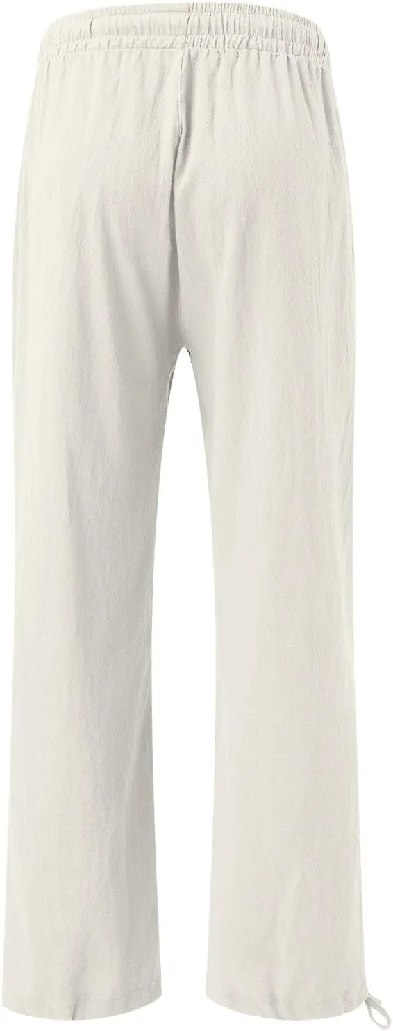 Women High Waisted Cotton Linen Boho Palazzo Pants Fish Art Printed Wide Leg Long Japanese Pant Trousers with Pockets
