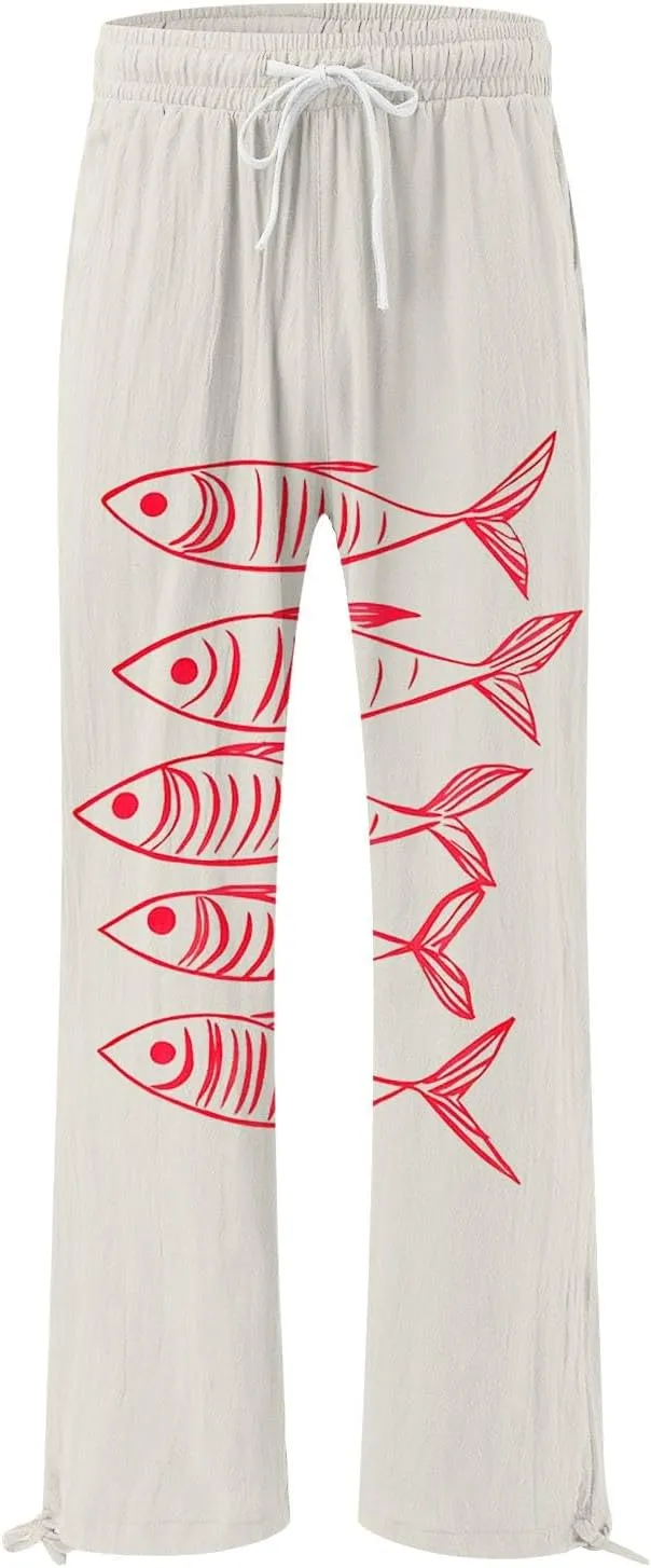 Women High Waisted Cotton Linen Boho Palazzo Pants Fish Art Printed Wide Leg Long Japanese Pant Trousers with Pockets