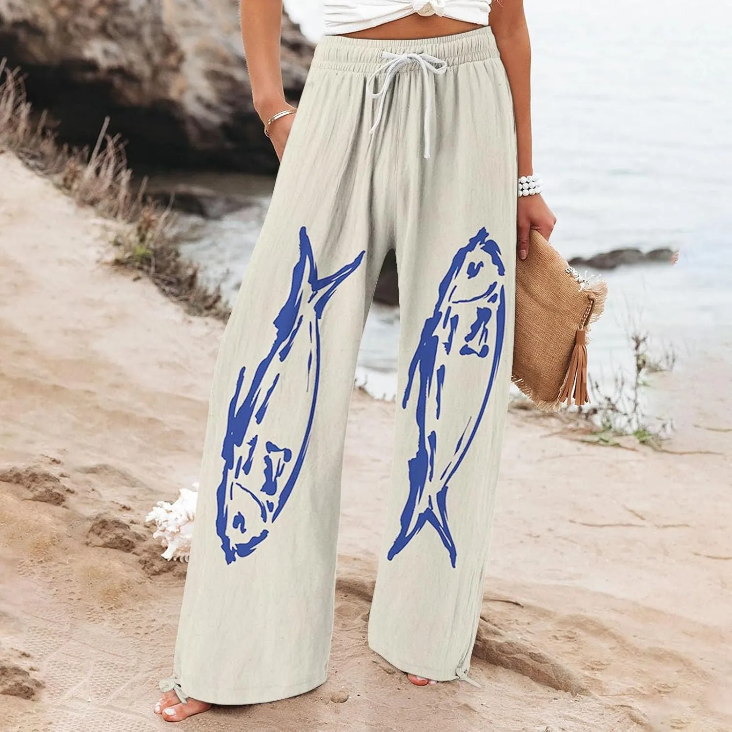 Women High Waisted Cotton Linen Boho Palazzo Pants Fish Art Printed Wide Leg Long Japanese Pant Trousers with Pockets
