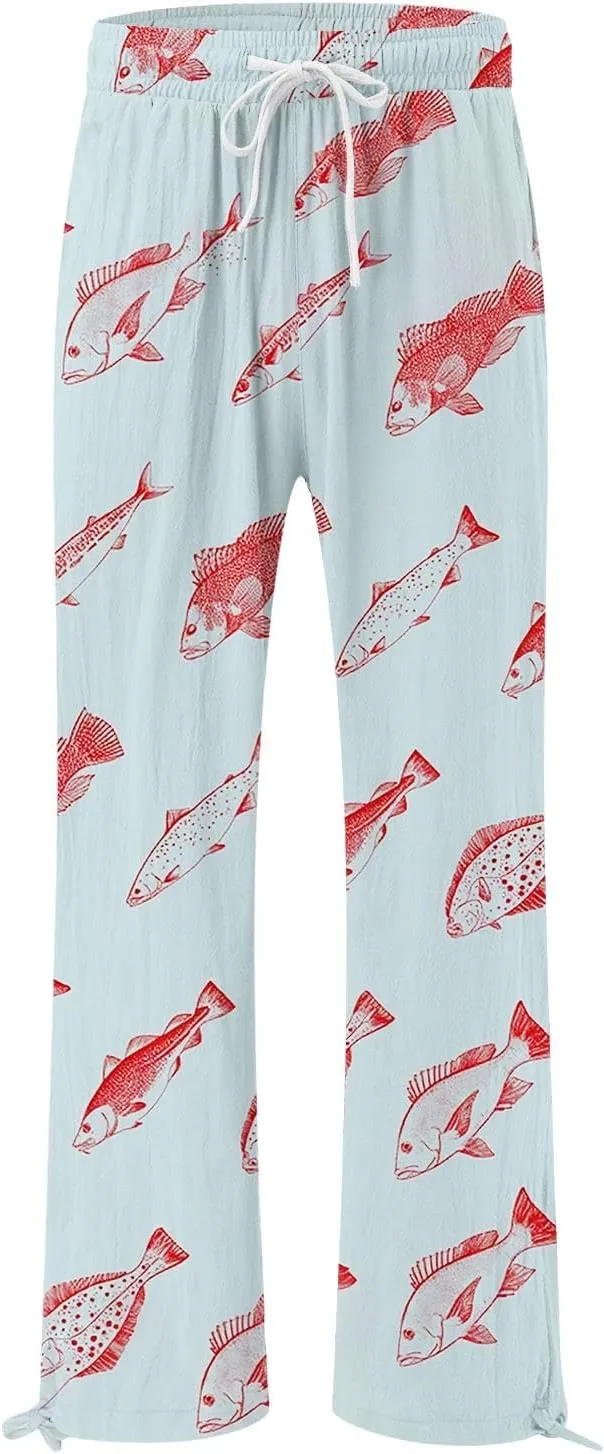 Women High Waisted Cotton Linen Boho Palazzo Pants Fish Art Printed Wide Leg Long Japanese Pant Trousers with Pockets