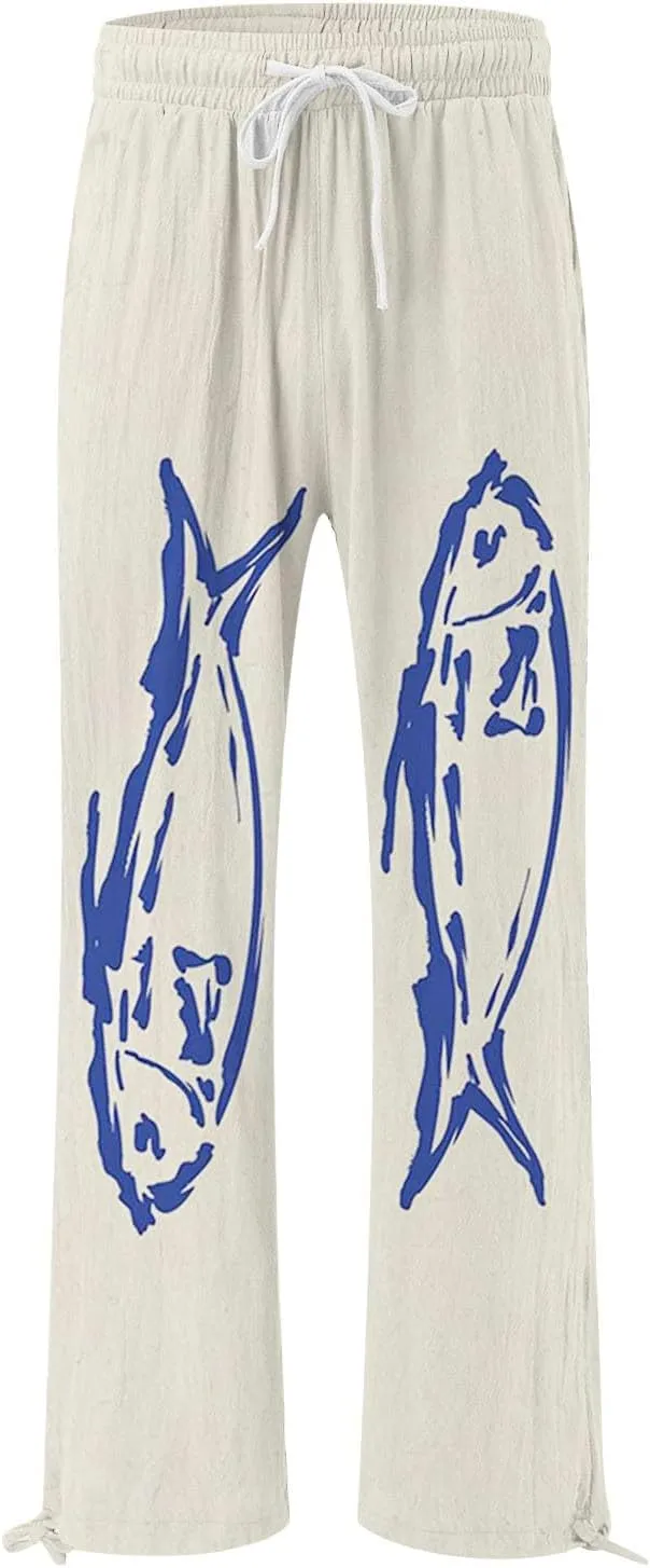 Women High Waisted Cotton Linen Boho Palazzo Pants Fish Art Printed Wide Leg Long Japanese Pant Trousers with Pockets