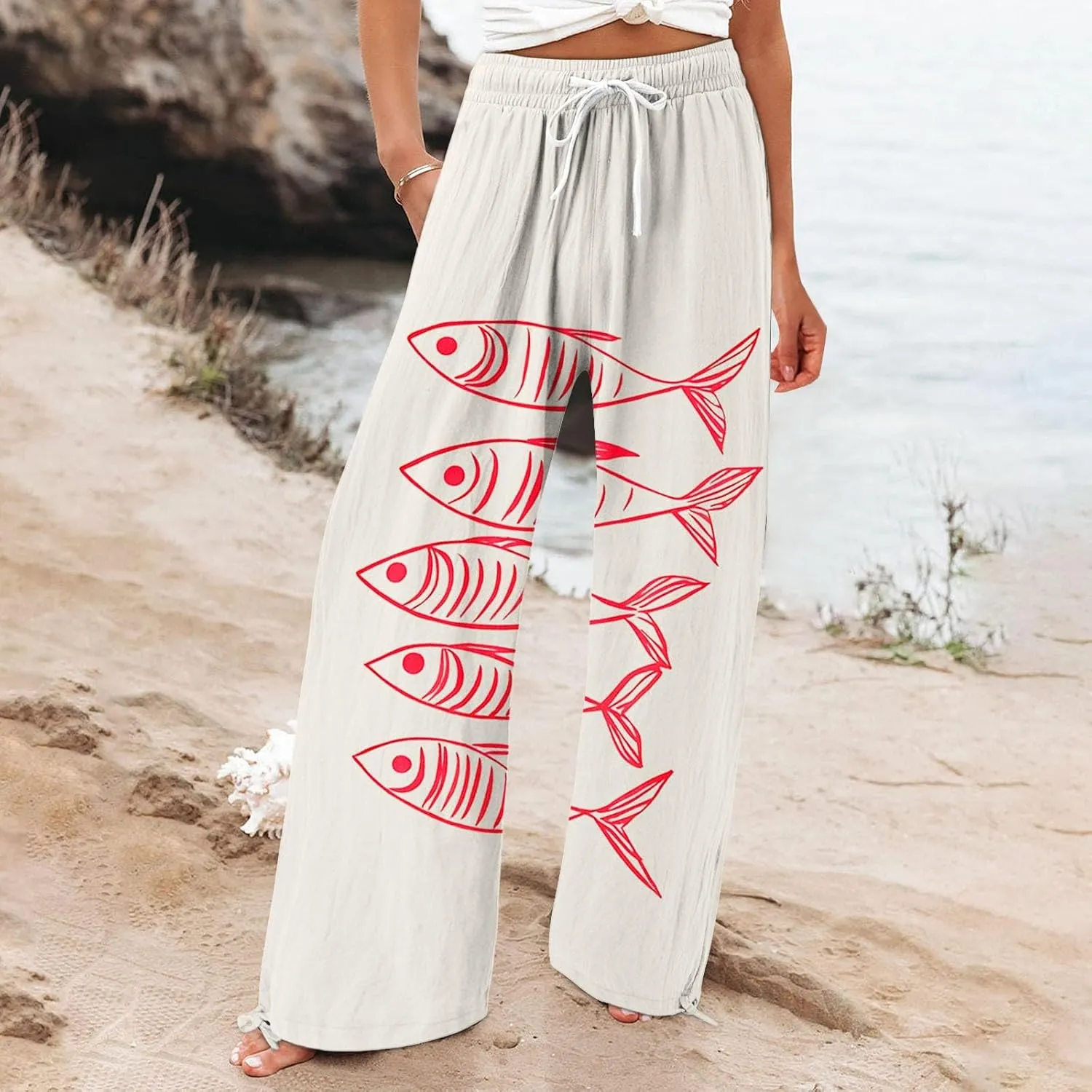 Women High Waisted Cotton Linen Boho Palazzo Pants Fish Art Printed Wide Leg Long Japanese Pant Trousers with Pockets