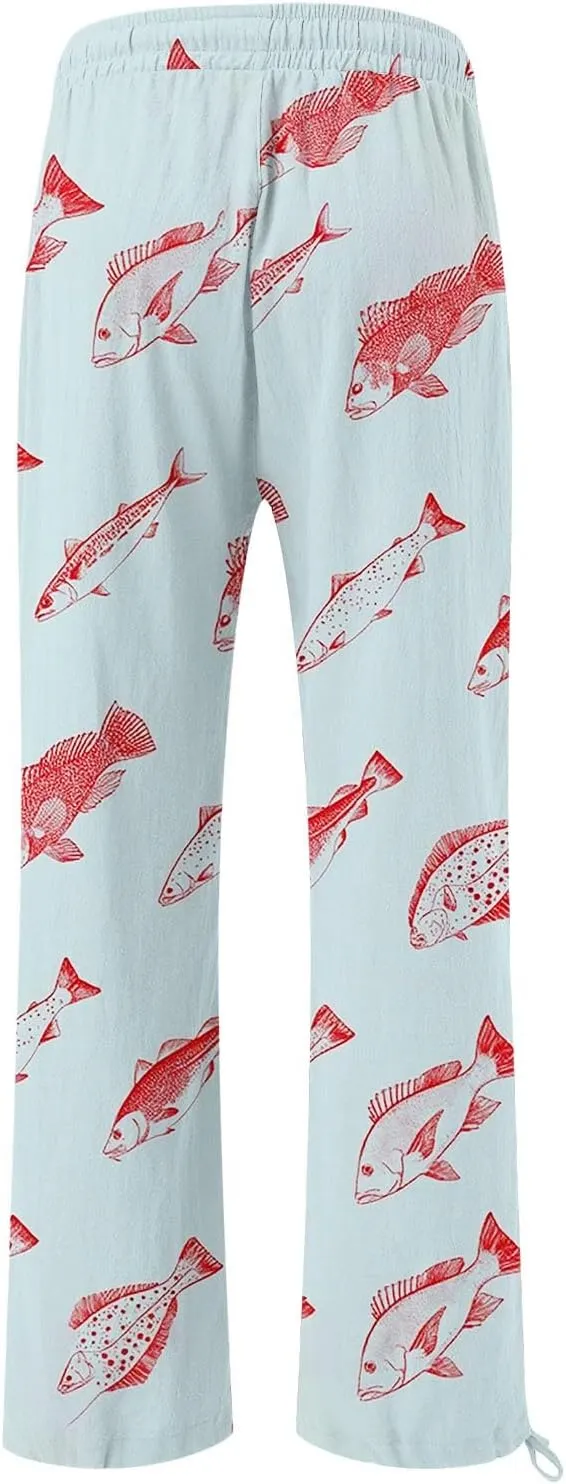 Women High Waisted Cotton Linen Boho Palazzo Pants Fish Art Printed Wide Leg Long Japanese Pant Trousers with Pockets