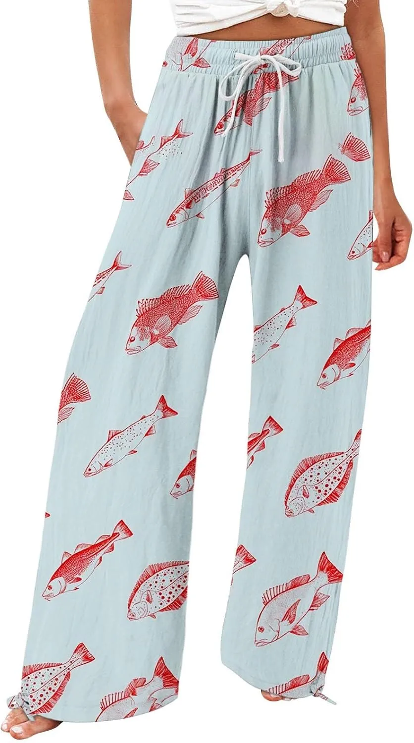 Women High Waisted Cotton Linen Boho Palazzo Pants Fish Art Printed Wide Leg Long Japanese Pant Trousers with Pockets