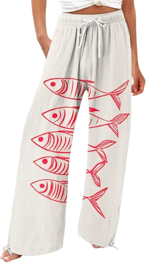 Women High Waisted Cotton Linen Boho Palazzo Pants Fish Art Printed Wide Leg Long Japanese Pant Trousers with Pockets