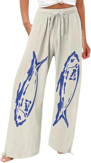 Women High Waisted Cotton Linen Boho Palazzo Pants Fish Art Printed Wide Leg Long Japanese Pant Trousers with Pockets