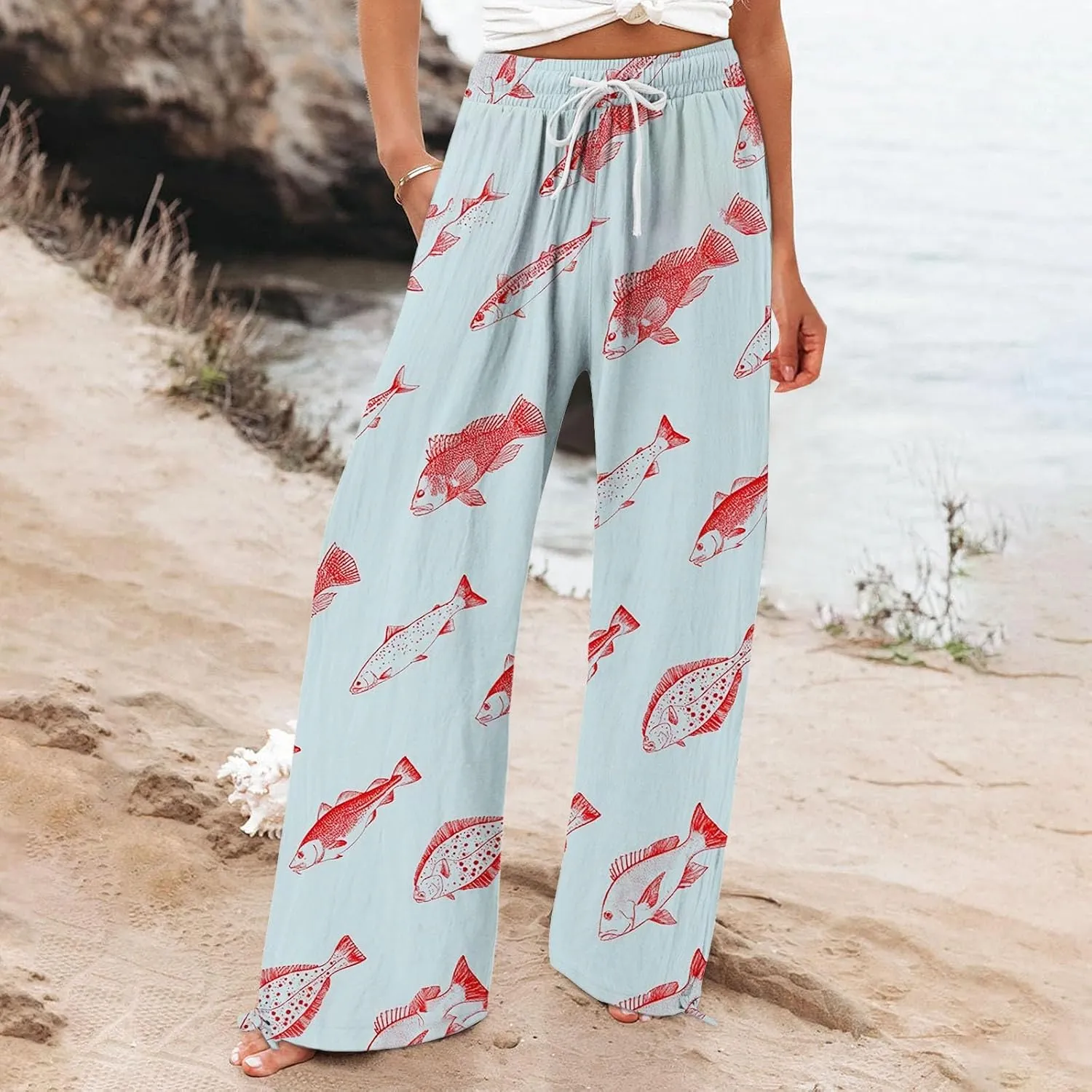 Women High Waisted Cotton Linen Boho Palazzo Pants Fish Art Printed Wide Leg Long Japanese Pant Trousers with Pockets