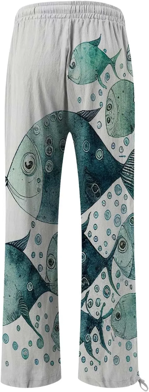 Women High Waisted Cotton Linen Palazzo Pants Dog Fish Graphic Wide Leg Long Japanese Pants Trousers with Pockets