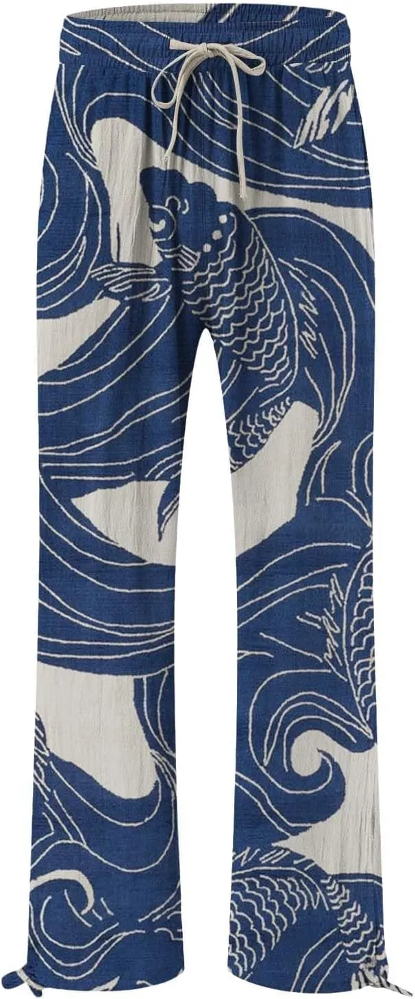 Women High Waisted Cotton Linen Palazzo Pants Dog Fish Graphic Wide Leg Long Japanese Pants Trousers with Pockets