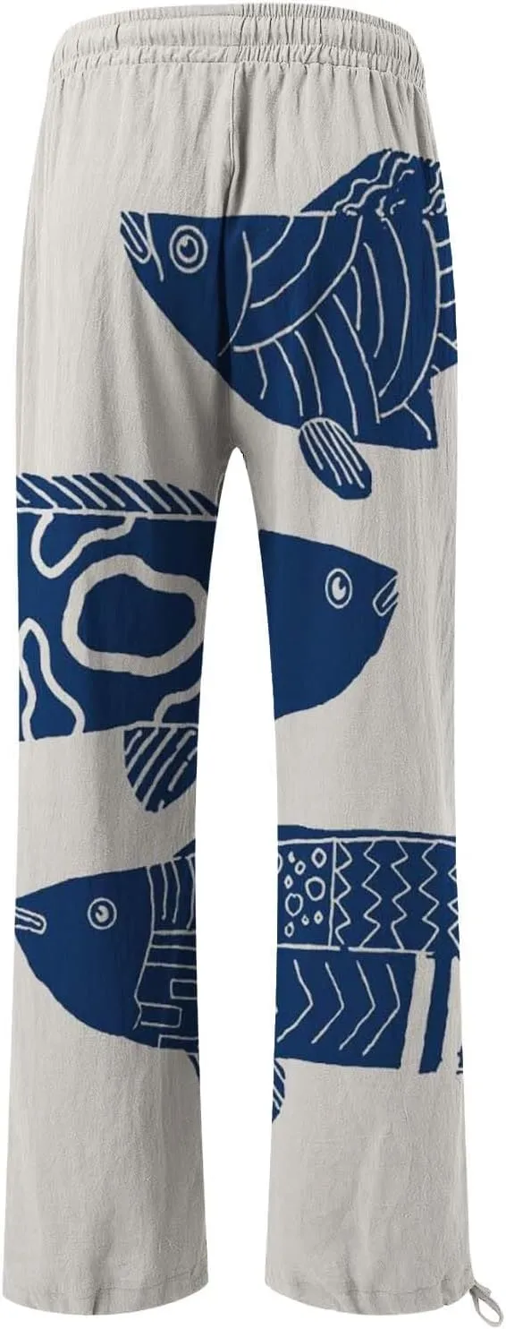 Women High Waisted Cotton Linen Palazzo Pants Dog Fish Graphic Wide Leg Long Japanese Pants Trousers with Pockets