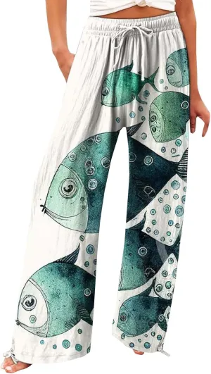 Women High Waisted Cotton Linen Palazzo Pants Dog Fish Graphic Wide Leg Long Japanese Pants Trousers with Pockets