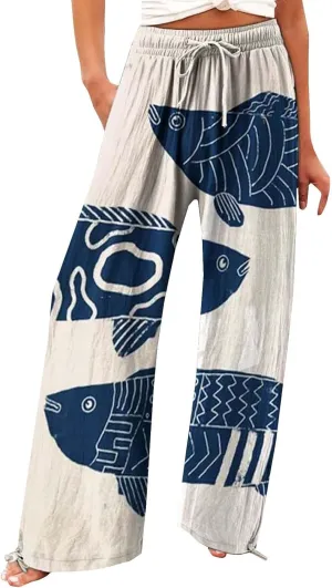 Women High Waisted Cotton Linen Palazzo Pants Dog Fish Graphic Wide Leg Long Japanese Pants Trousers with Pockets