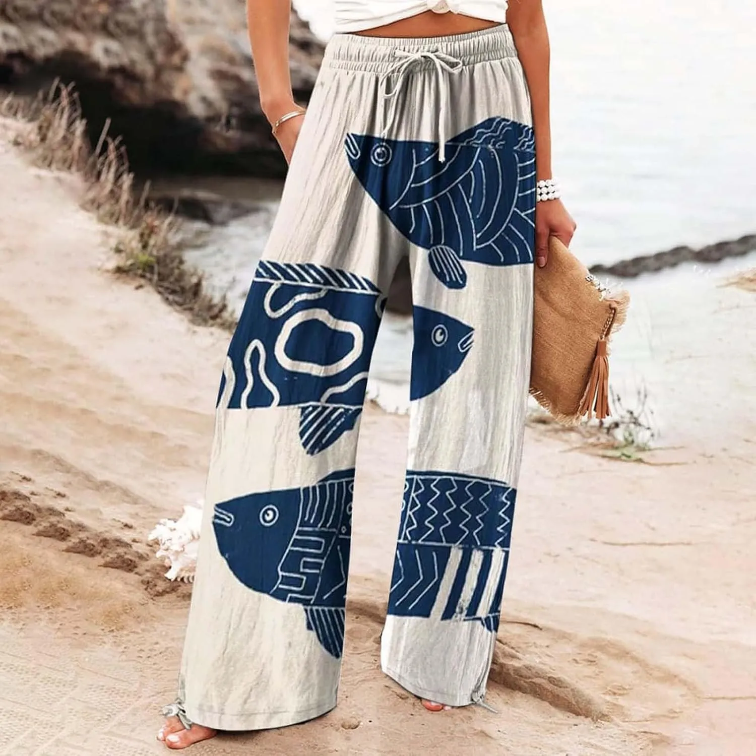 Women High Waisted Cotton Linen Palazzo Pants Dog Fish Graphic Wide Leg Long Japanese Pants Trousers with Pockets