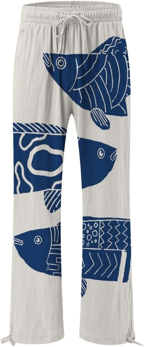 Women High Waisted Cotton Linen Palazzo Pants Dog Fish Graphic Wide Leg Long Japanese Pants Trousers with Pockets