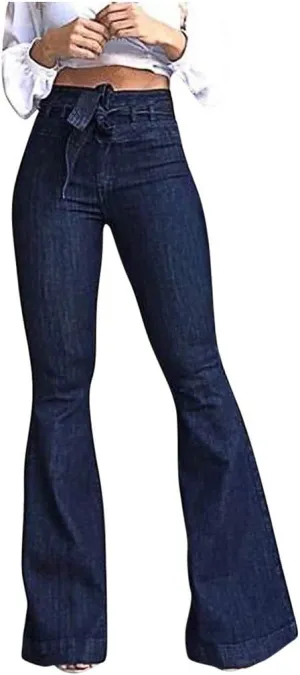 Women High Waisted Jeans Bowknot Tie Waist Flare Bell Bottom Jeans Skinny Stretchy Denim Pants Bootcut Jeans