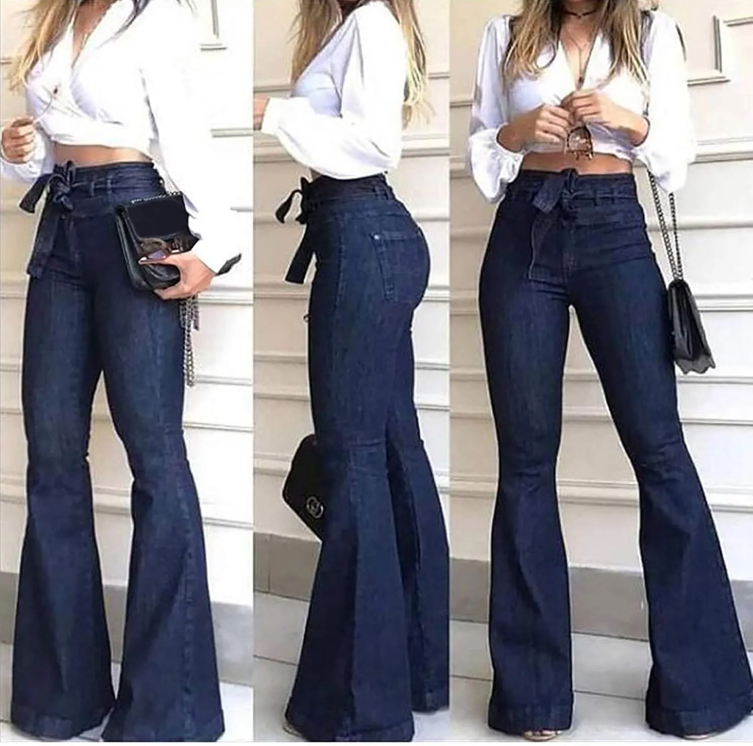 Women High Waisted Jeans Bowknot Tie Waist Flare Bell Bottom Jeans Skinny Stretchy Denim Pants Bootcut Jeans