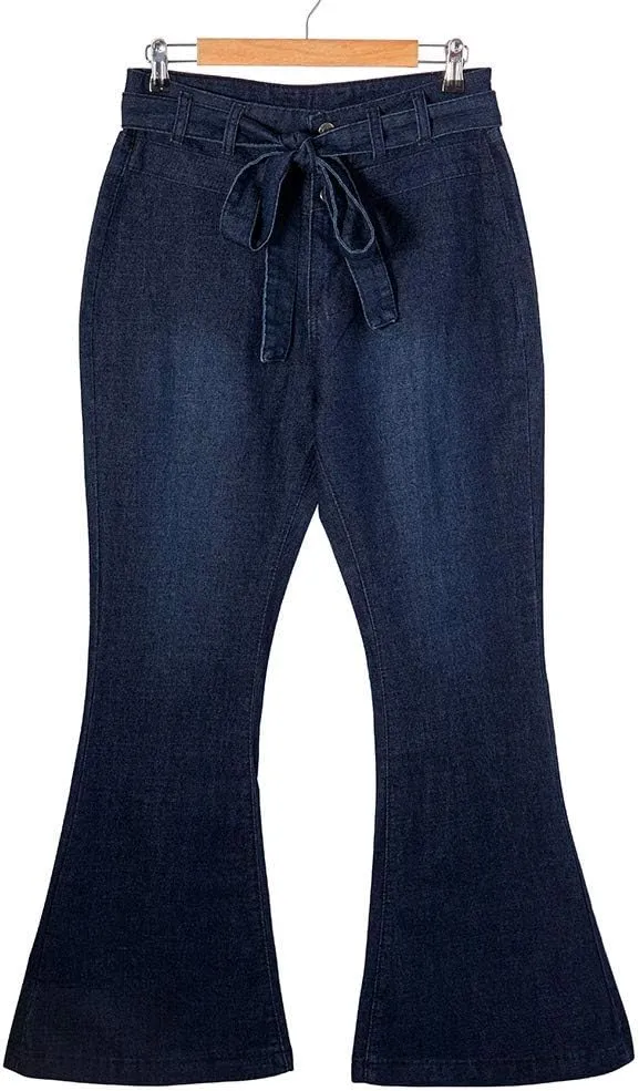 Women High Waisted Jeans Bowknot Tie Waist Flare Bell Bottom Jeans Skinny Stretchy Denim Pants Bootcut Jeans