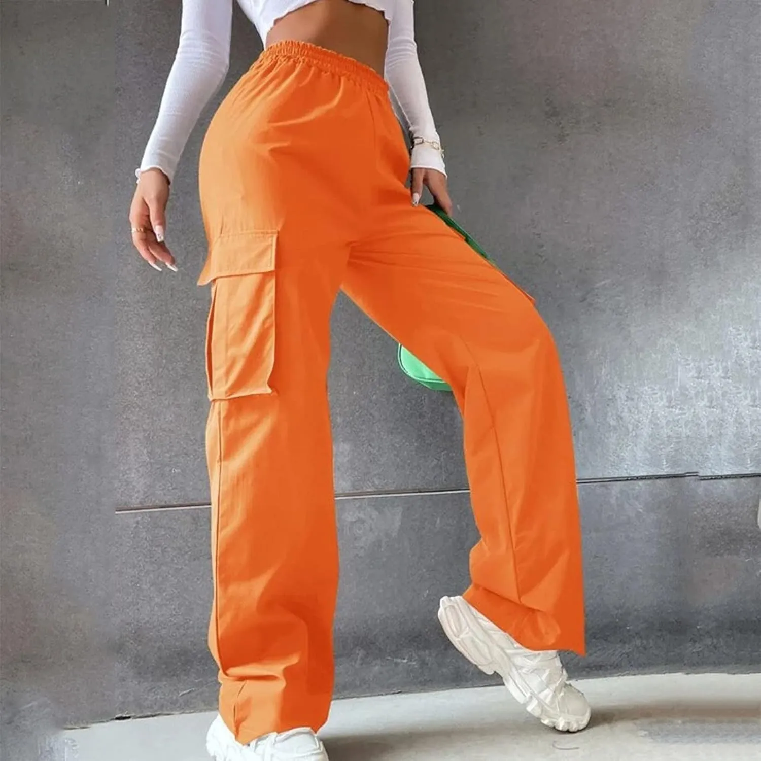 Women High Waisted Wide Leg Cargo Pants Button Down Loose Casual Trendy Work Trousers with 2 Pockets