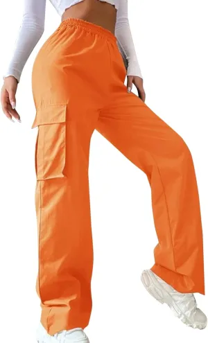 Women High Waisted Wide Leg Cargo Pants Button Down Loose Casual Trendy Work Trousers with 2 Pockets