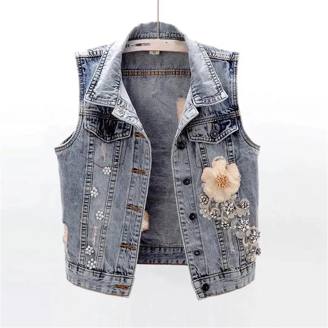 Women Korean Denim Cowboy Waistcoat Sleeveless Floral Denim Jacket Vest