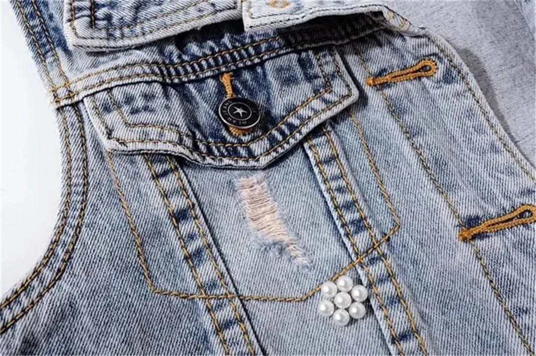 Women Korean Denim Cowboy Waistcoat Sleeveless Floral Denim Jacket Vest