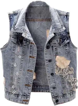 Women Korean Denim Cowboy Waistcoat Sleeveless Floral Denim Jacket Vest