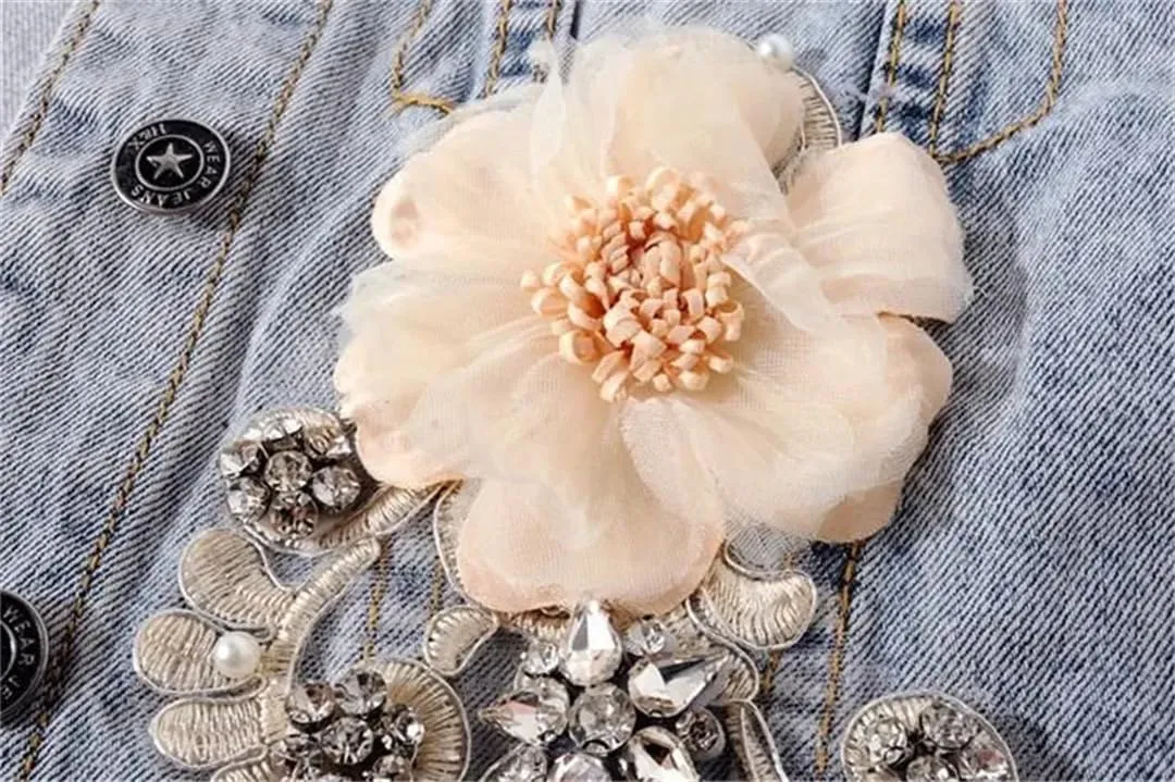 Women Korean Denim Cowboy Waistcoat Sleeveless Floral Denim Jacket Vest