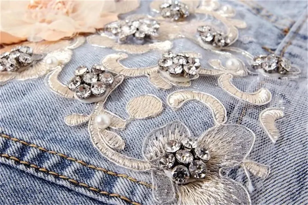 Women Korean Denim Cowboy Waistcoat Sleeveless Floral Denim Jacket Vest