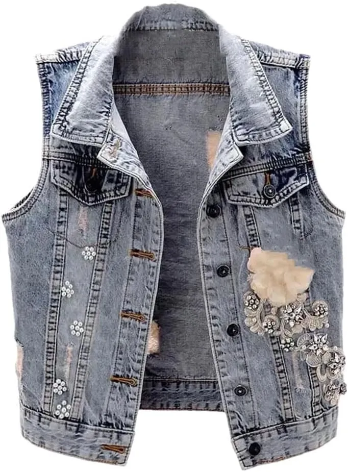 Women Korean Denim Cowboy Waistcoat Sleeveless Floral Denim Jacket Vest