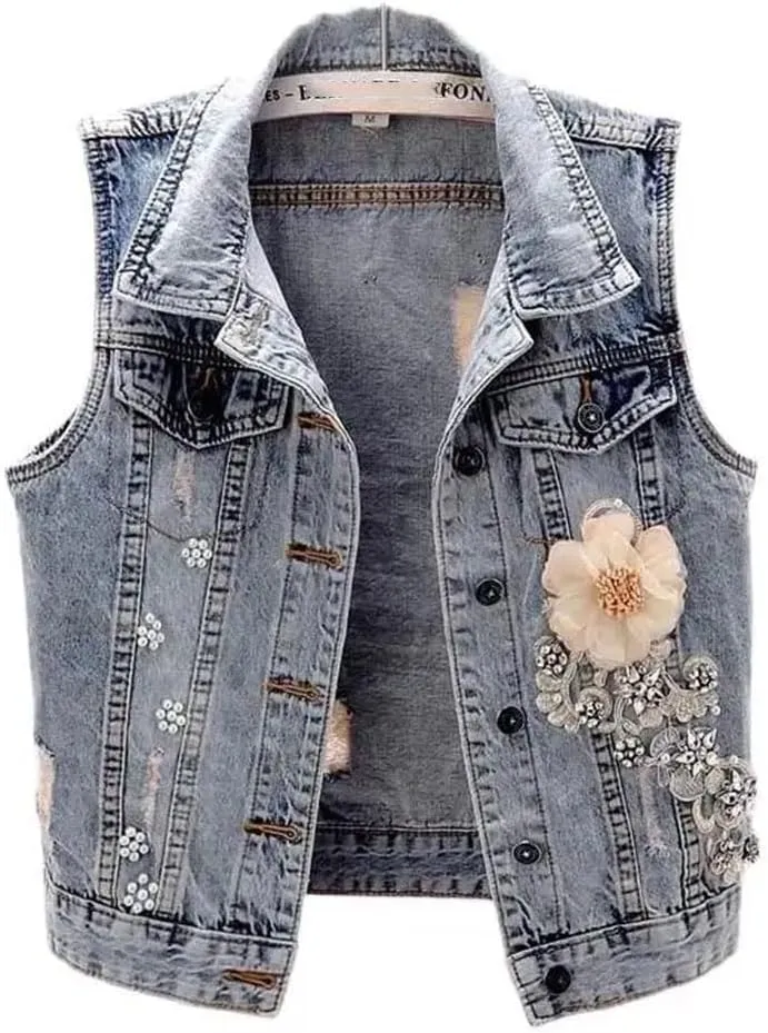 Women Korean Denim Cowboy Waistcoat Sleeveless Floral Denim Jacket Vest